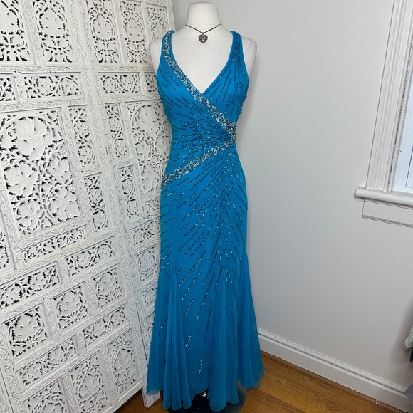 Cecily Brown Sequin Beaded Fairycore Blue Strapless V Neck Formal Prom Dress - Picture 1 of 13